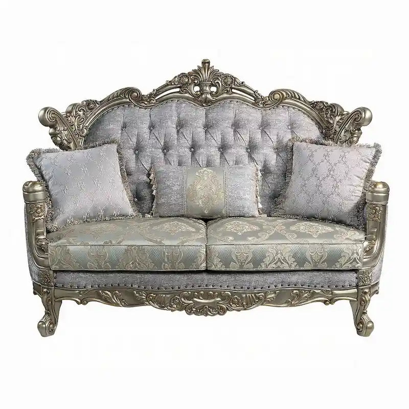 Loveseat, 3 Pillows, Gray Fabric, Antique Bronze Wood, 73 Inch