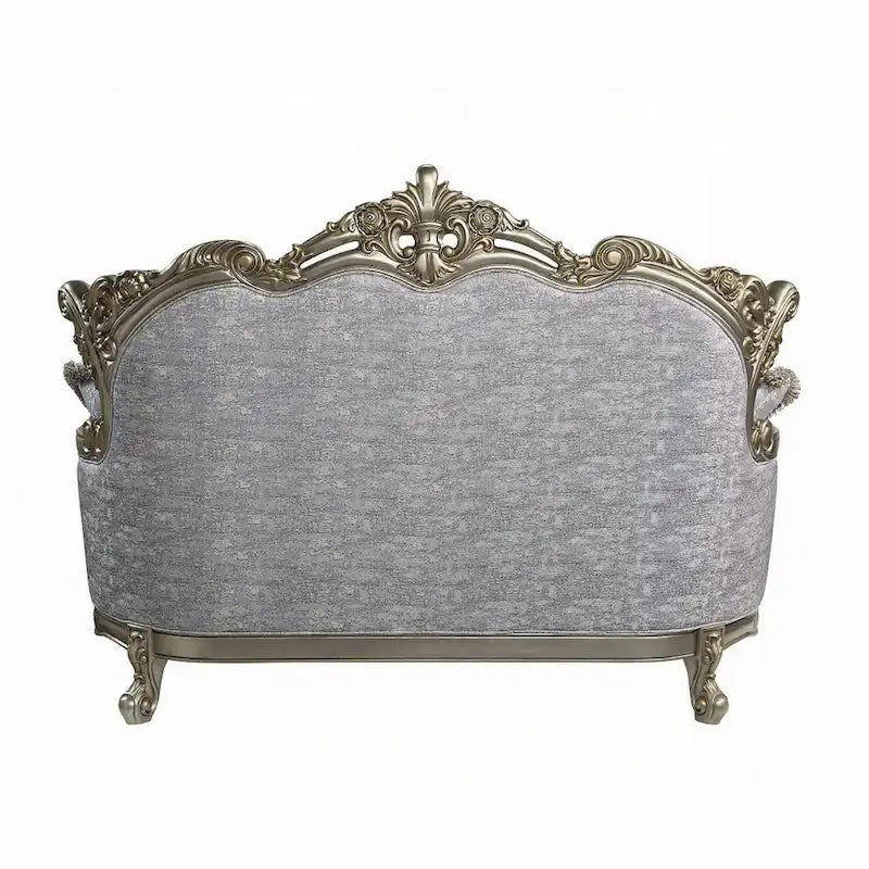 Loveseat, 3 Pillows, Gray Fabric, Antique Bronze Wood, 73 Inch