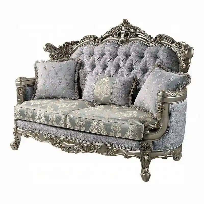 Loveseat, 3 Pillows, Gray Fabric, Antique Bronze Wood, 73 Inch