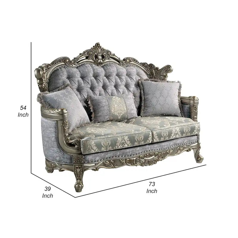 Loveseat, 3 Pillows, Gray Fabric, Antique Bronze Wood, 73 Inch