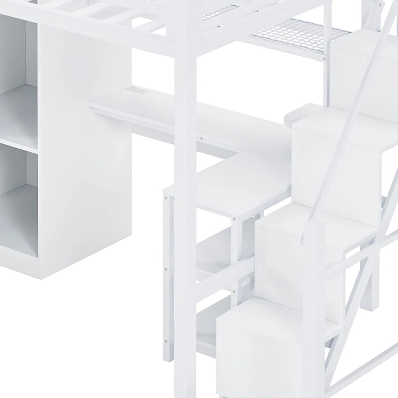 White Loft Bed w/Desk, Wardrobe & Stepped Stairs, Metal Loft Bed Storage Bed Frame w/ USB Ports & 5-Layer Shelf for Adults, Kids