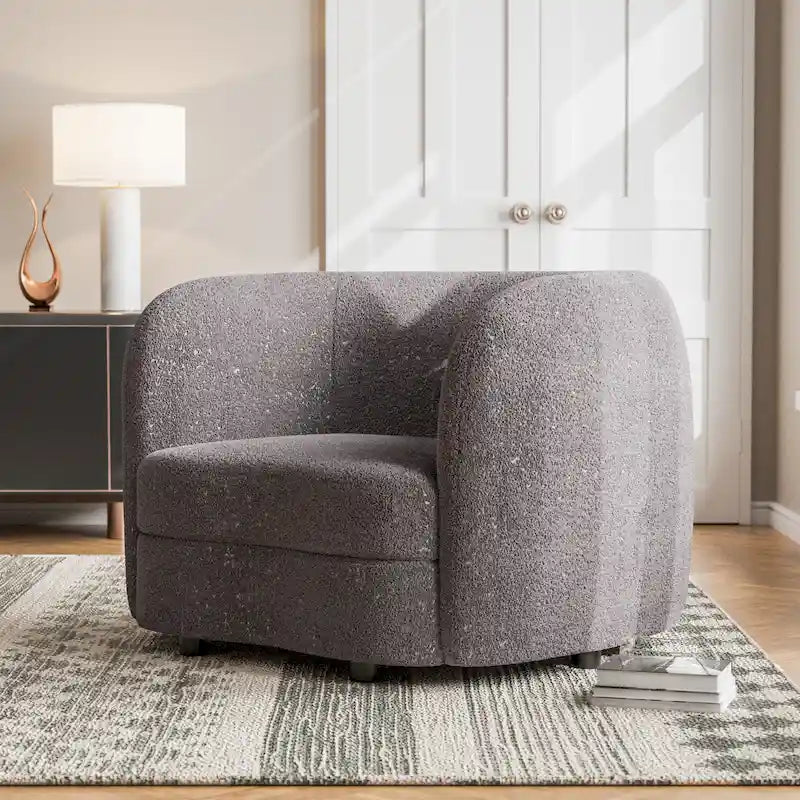Modern Curved Arms Boucle Accent Chair with Kidney Style Seat and Round Wooden Legs