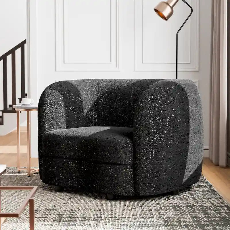 Modern Curved Arms Boucle Accent Chair with Kidney Style Seat and Round Wooden Legs
