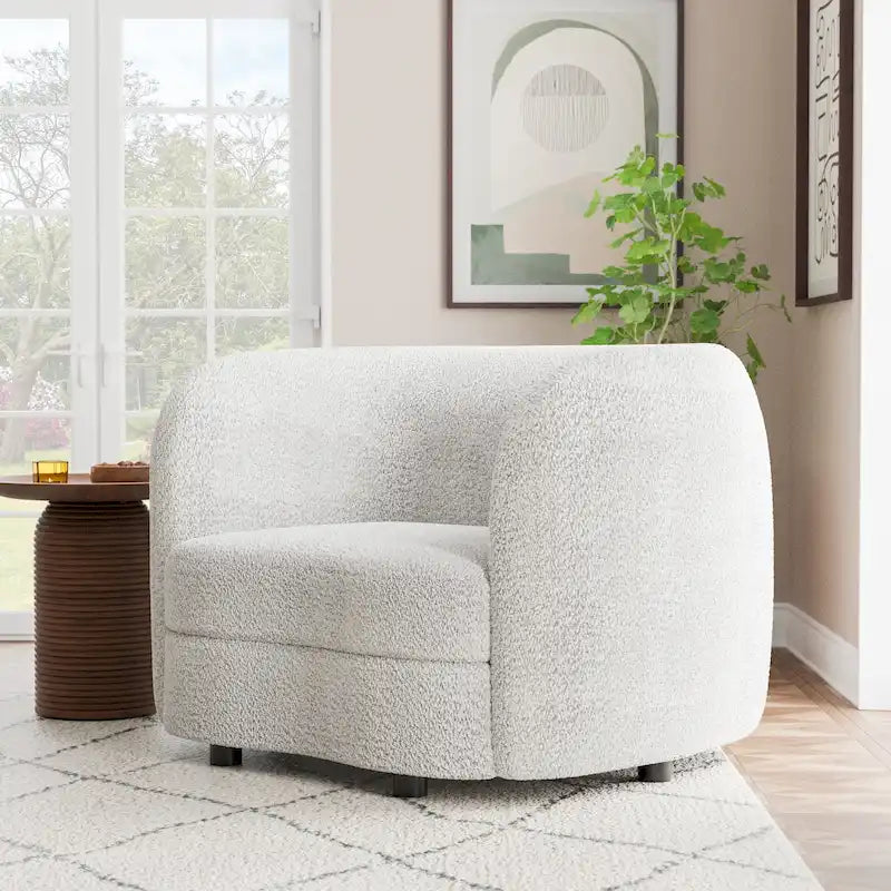 Modern Curved Arms Boucle Accent Chair with Kidney Style Seat and Round Wooden Legs