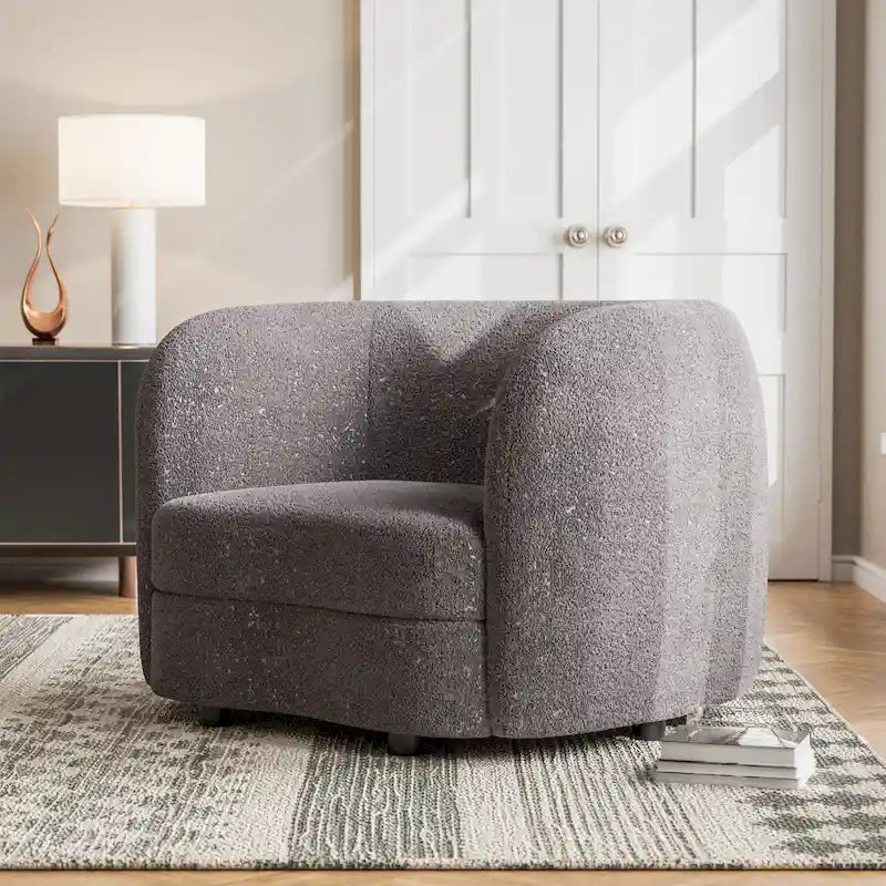 Modern Curved Arms Boucle Accent Chair with Kidney Style Seat and Round Wooden Legs