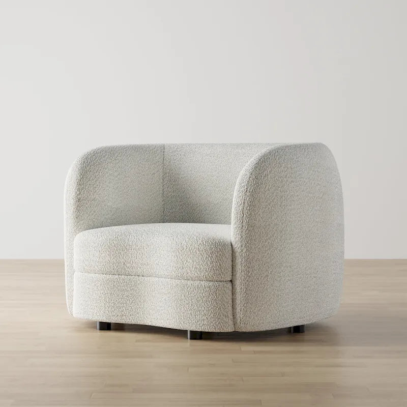 Modern Curved Arms Boucle Accent Chair with Kidney Style Seat and Round Wooden Legs