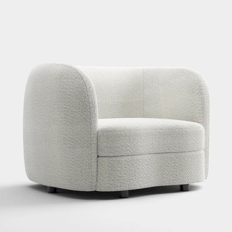 Modern Curved Arms Boucle Accent Chair with Kidney Style Seat and Round Wooden Legs