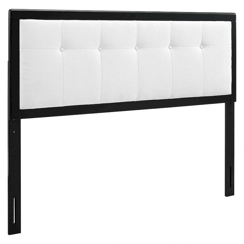 Traditional White Fabric Button Tufted Queen Size Black Wooden Headboard
