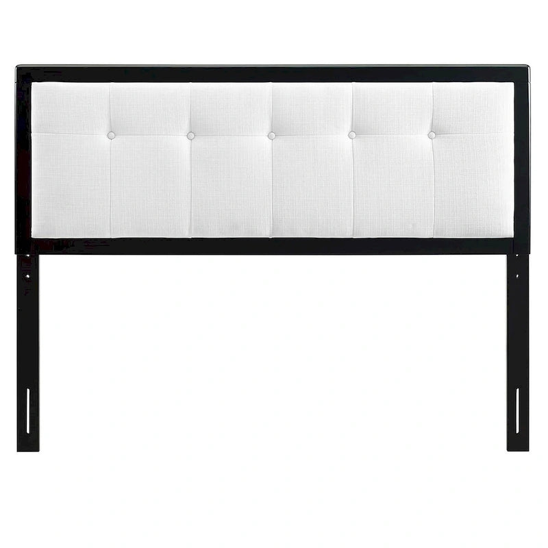 Traditional White Fabric Button Tufted Queen Size Black Wooden Headboard