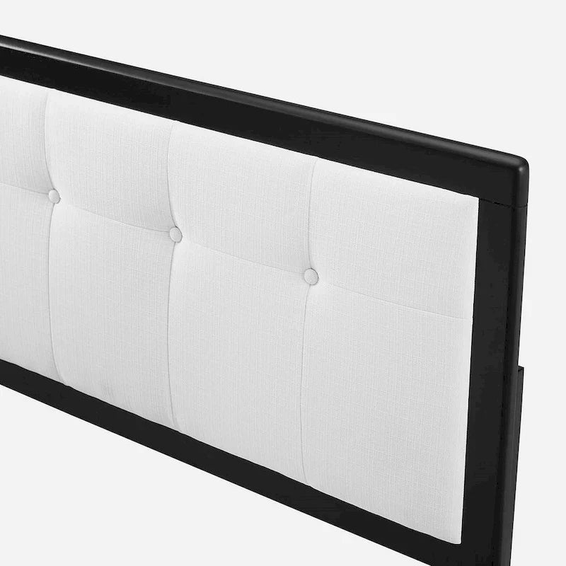 Traditional White Fabric Button Tufted Queen Size Black Wooden Headboard