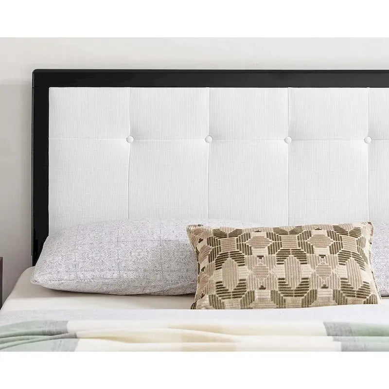 Traditional White Fabric Button Tufted Queen Size Black Wooden Headboard