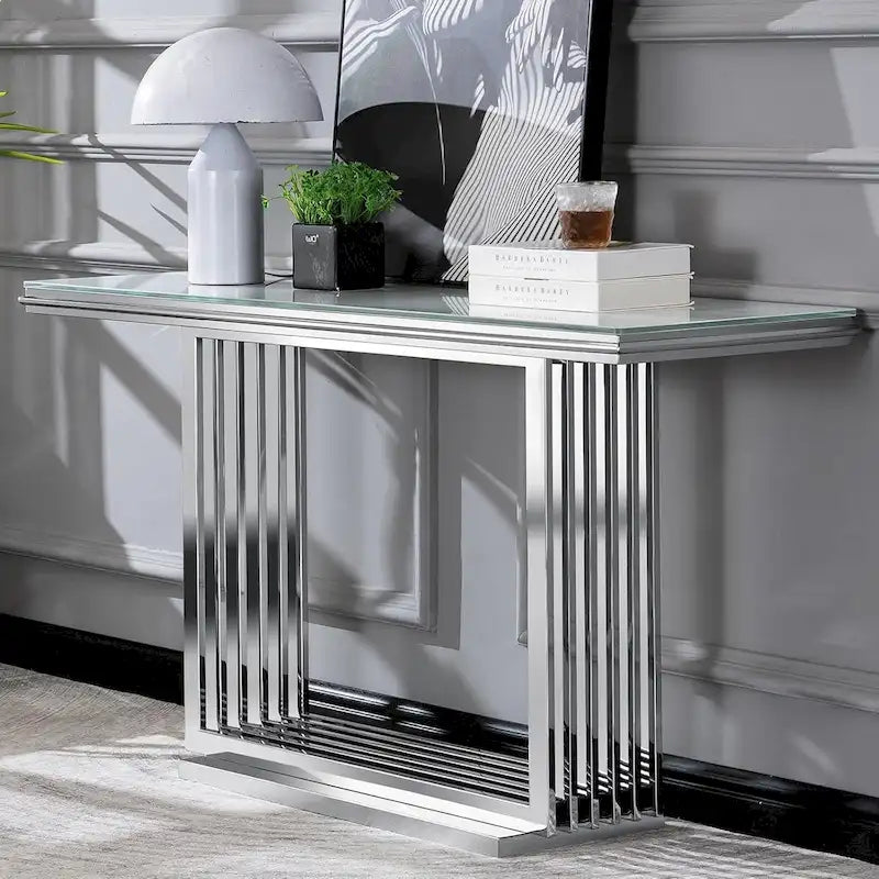 Glam 60 inch Rectangular Glass Console Table with Brushed Gold Stainless Steel Base