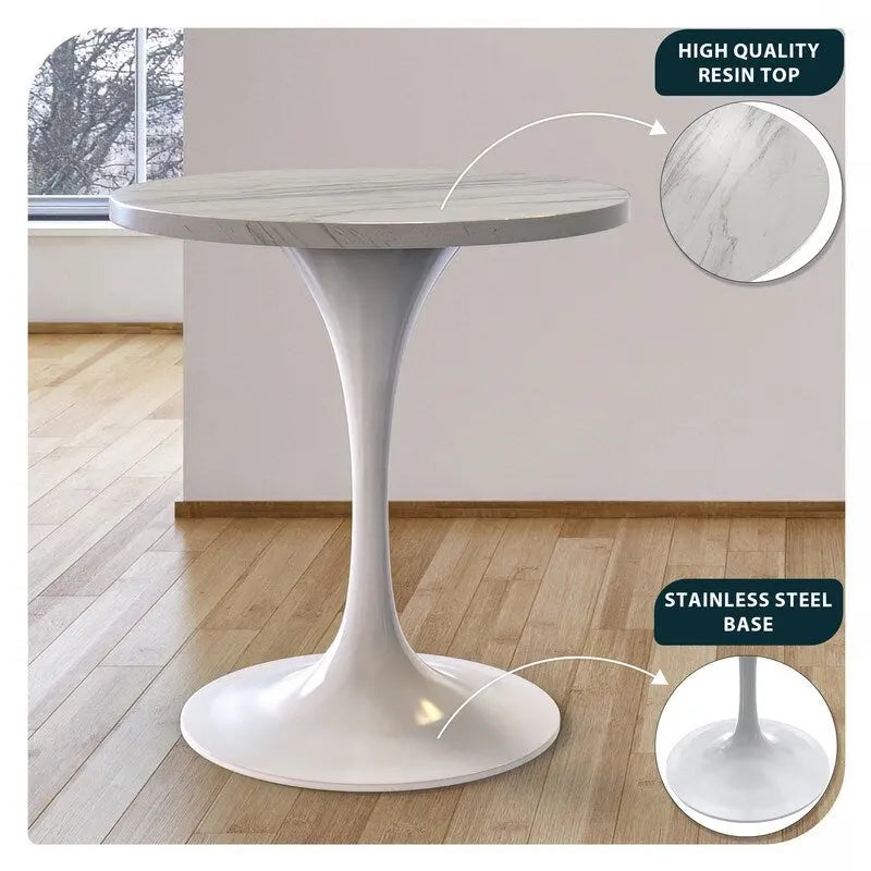 Round Dining Table with White Resin TableTop and White Steel Base for Kitchen & Dining Room