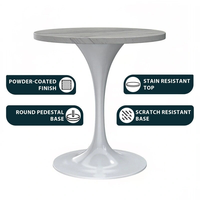 Round Dining Table with White Resin TableTop and White Steel Base for Kitchen & Dining Room