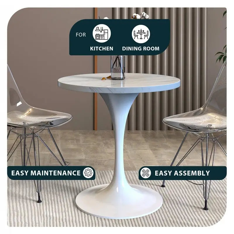 Round Dining Table with White Resin TableTop and White Steel Base for Kitchen & Dining Room