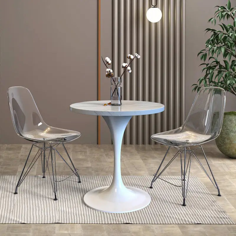 Round Dining Table with White Resin TableTop and White Steel Base for Kitchen & Dining Room
