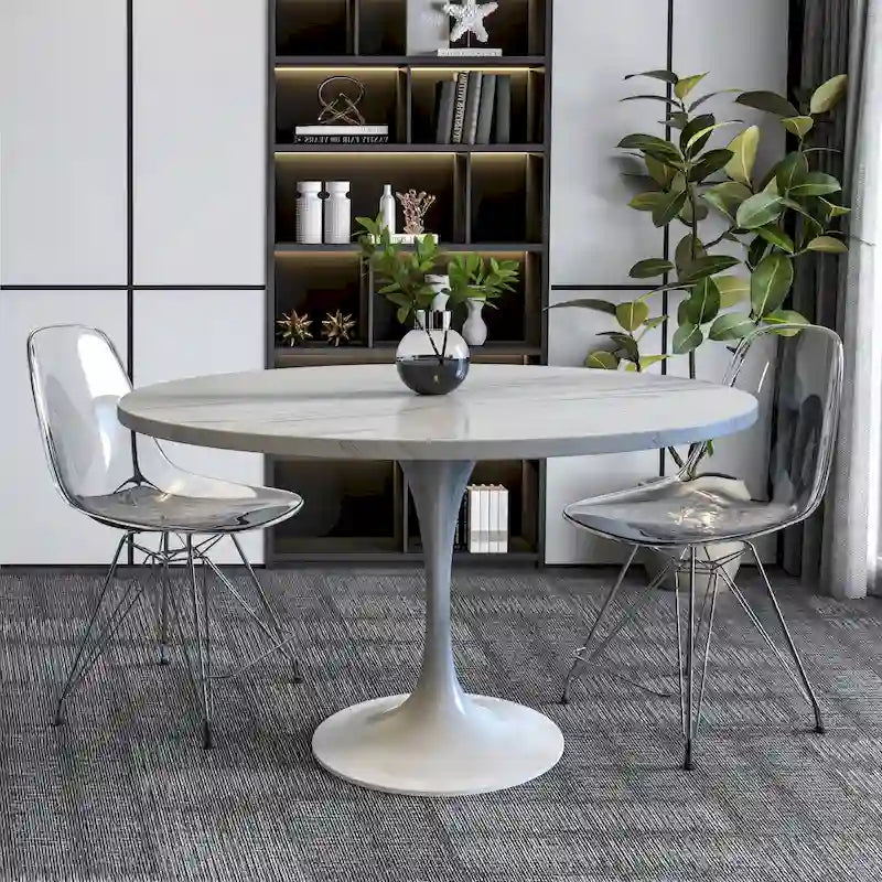 Round Dining Table with White Resin TableTop and White Steel Base for Kitchen & Dining Room