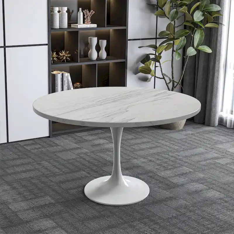 Round Dining Table with White Resin TableTop and White Steel Base for Kitchen & Dining Room