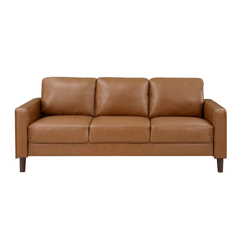 77 Inch Sofa, Brown Faux Leather, Track Style Arms, Solid Wood Frame